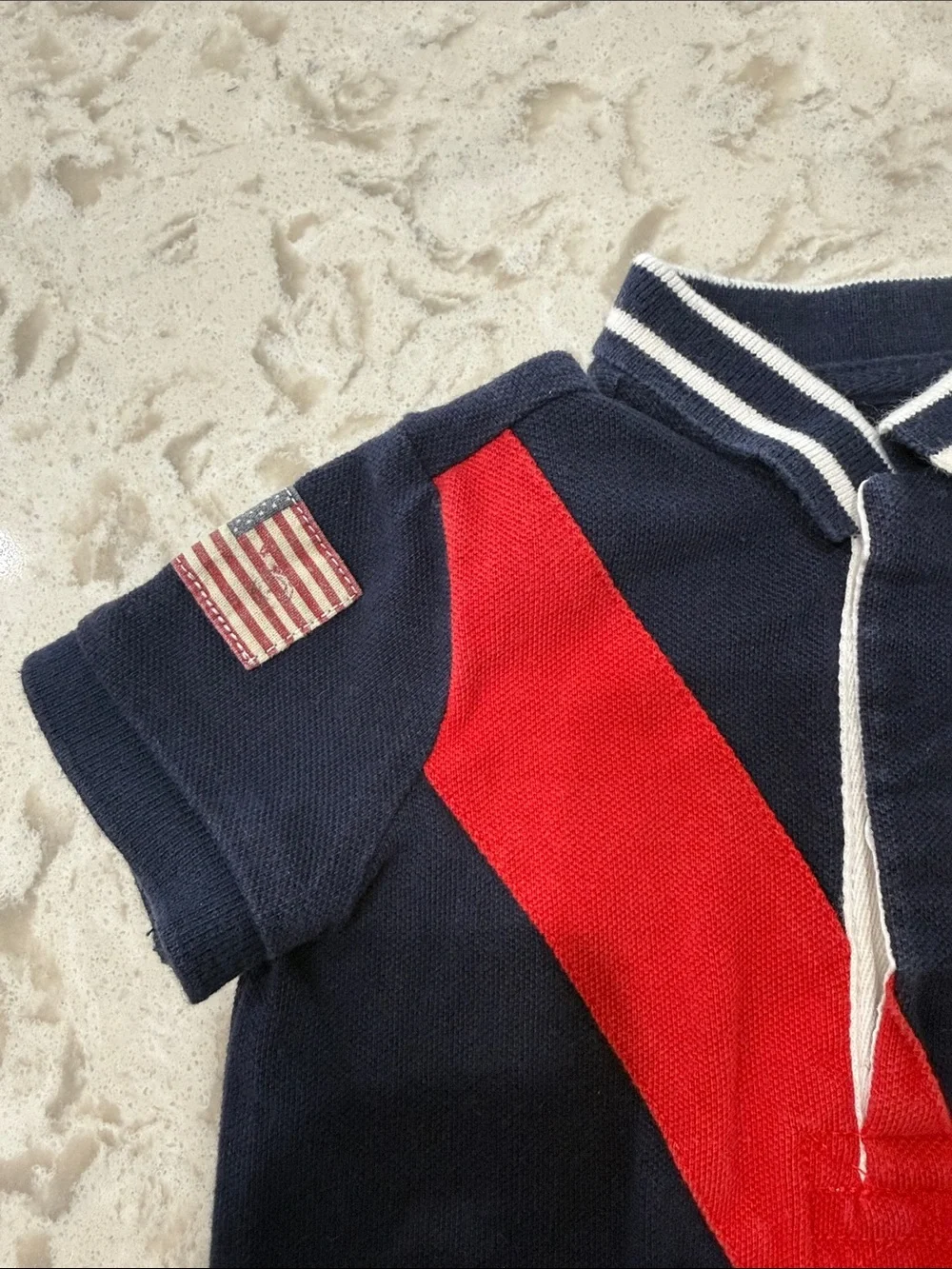 Ralph Lauren Polo Navy Romper with Red Diagonal Stripe